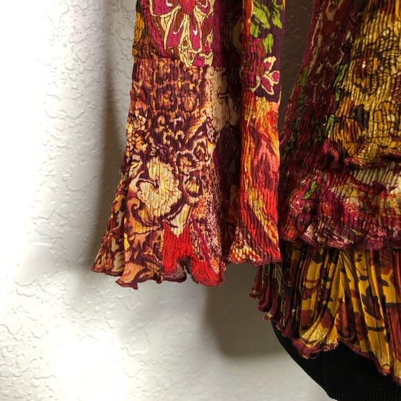 Alberto Makali red gold mixed floral print sequin crinkle top size Large - Picture 5 of 16